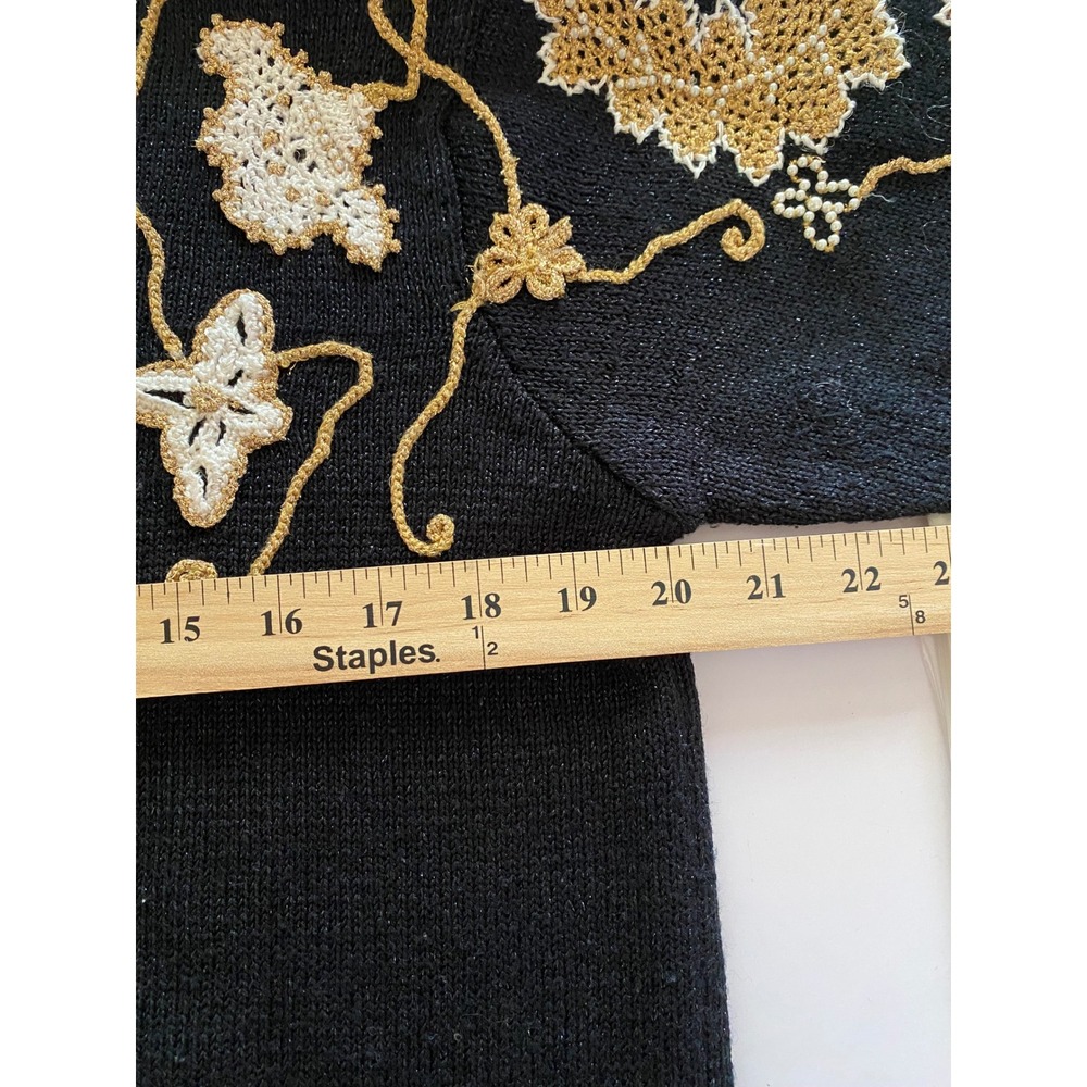 Jaclyn Smith Vintage Black Gold Crochet Floral Pearl Beaded Knit Sweater M 9472 - Picture 6 of 6